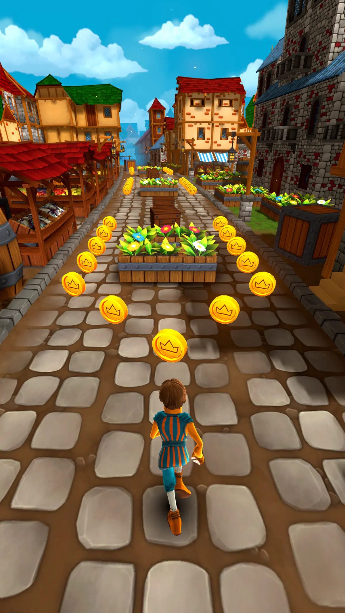 A chaser in a blue tunic runs a market street toward a flower planter, coins lining the lane