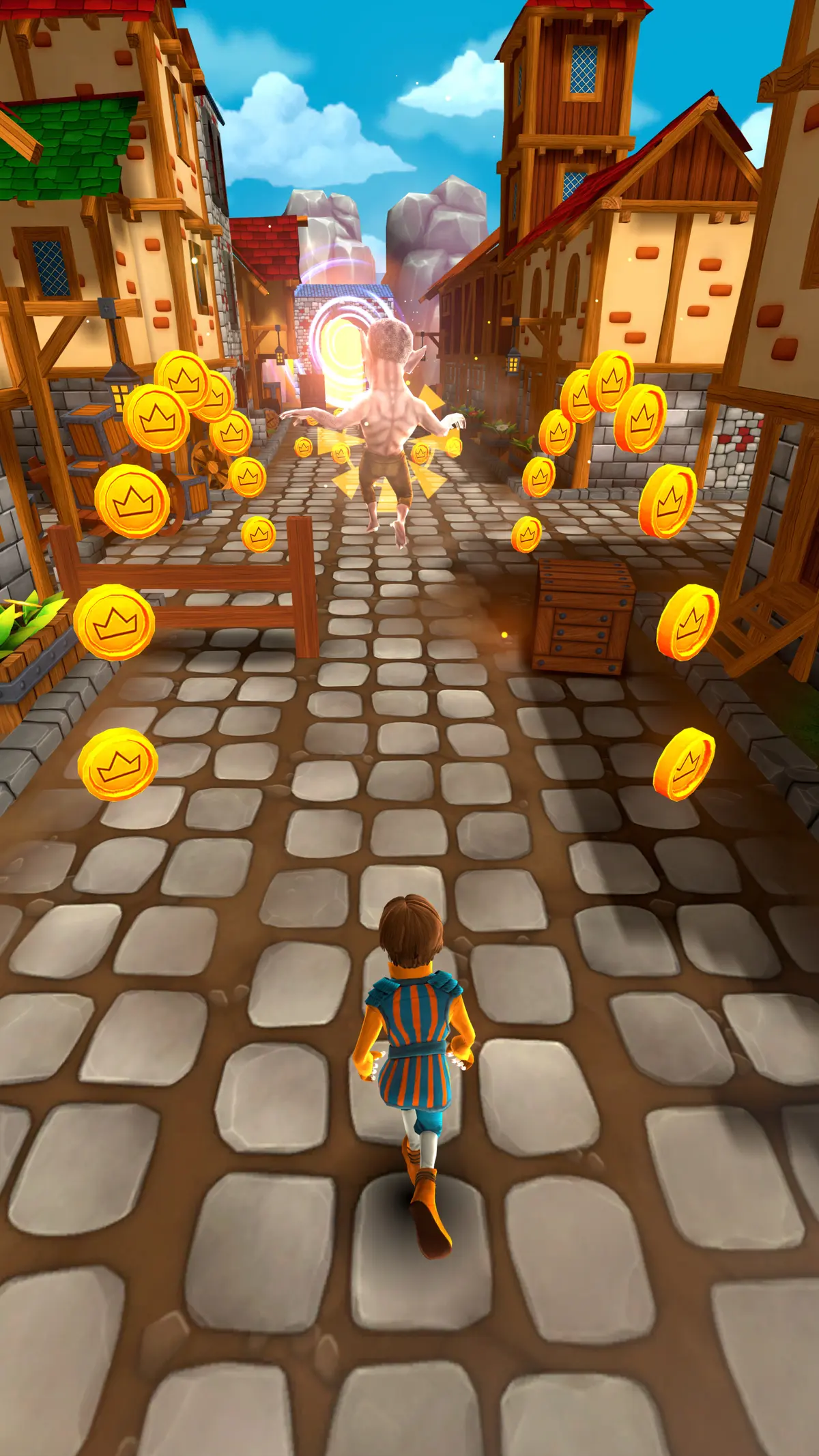 A chaser in a blue tunic runs toward a glowing portal set in the rocks, a gnome robber and coins ahead
