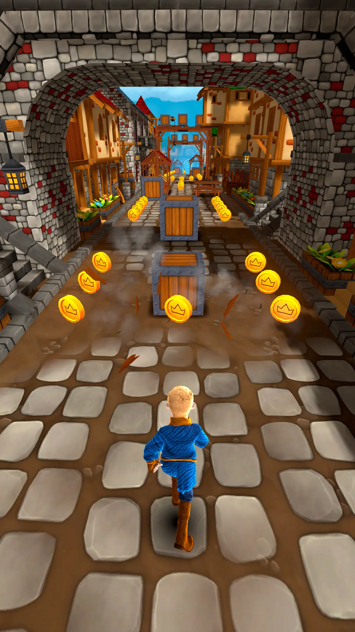 A chaser in a blue tunic runs through a stone archway toward crate obstacles, coins glowing in the mist