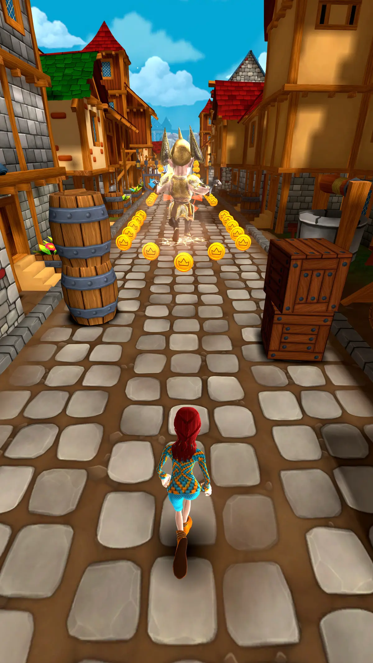 A red-haired chaser pursues a gnome robber carrying a sack down a village street strewn with coins