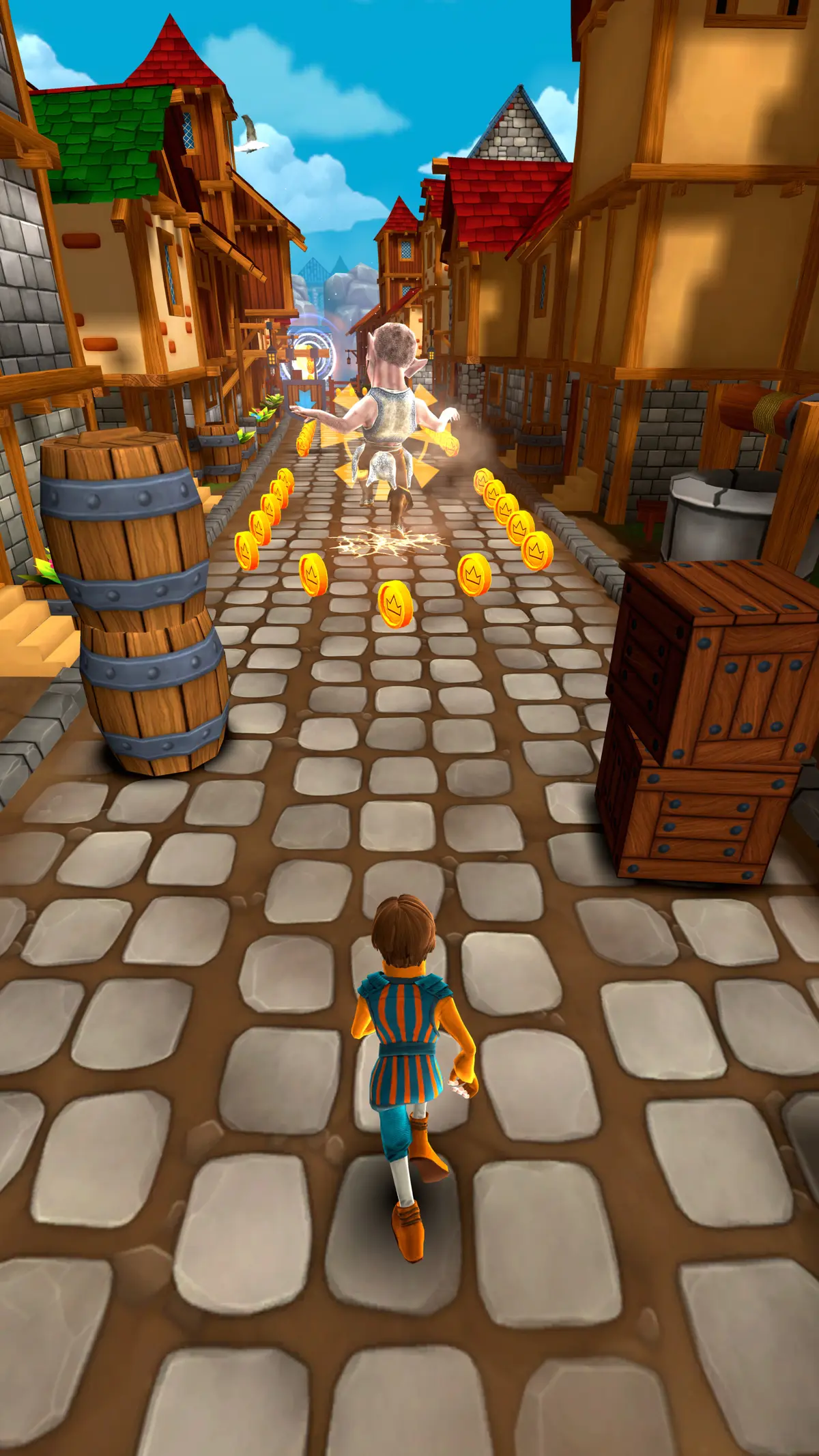 A chaser in a blue tunic runs past a barrel and crate as a gnome robber is knocked out in a spray of coins