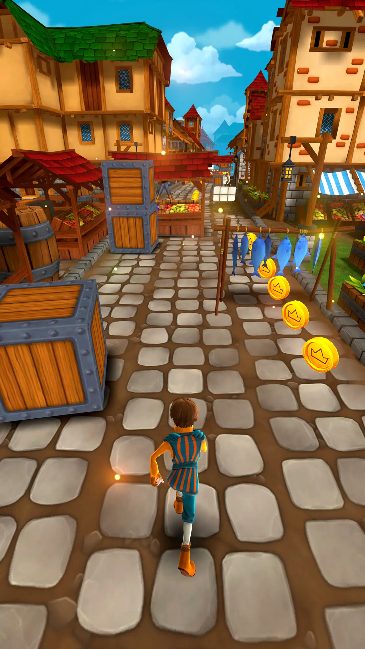 A chaser in a blue tunic runs a paved square beside a canal, a crate and coins to the left