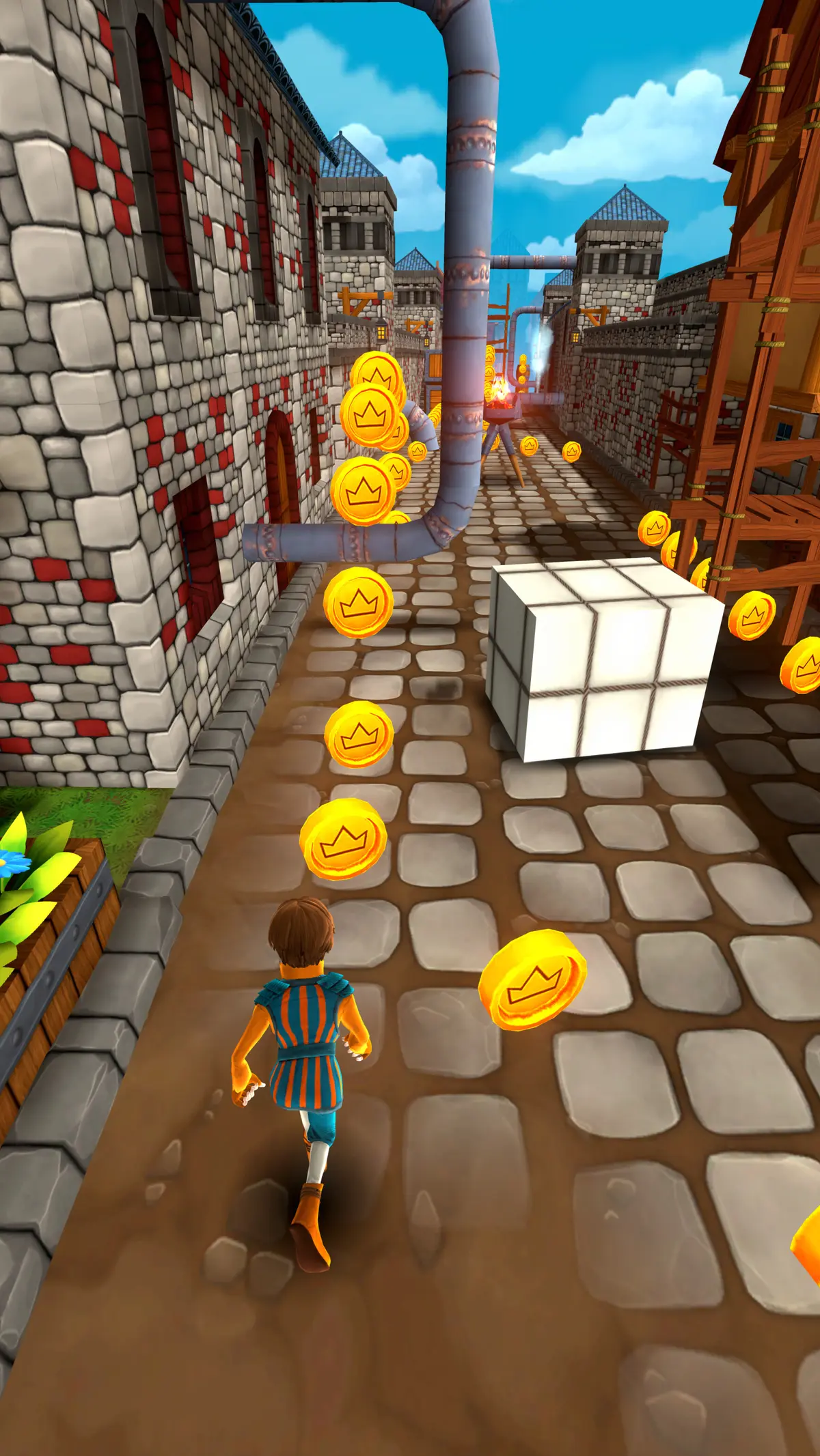 A chaser in a blue tunic runs past stone walls and pipes, weaving around a white crate as coins line the road