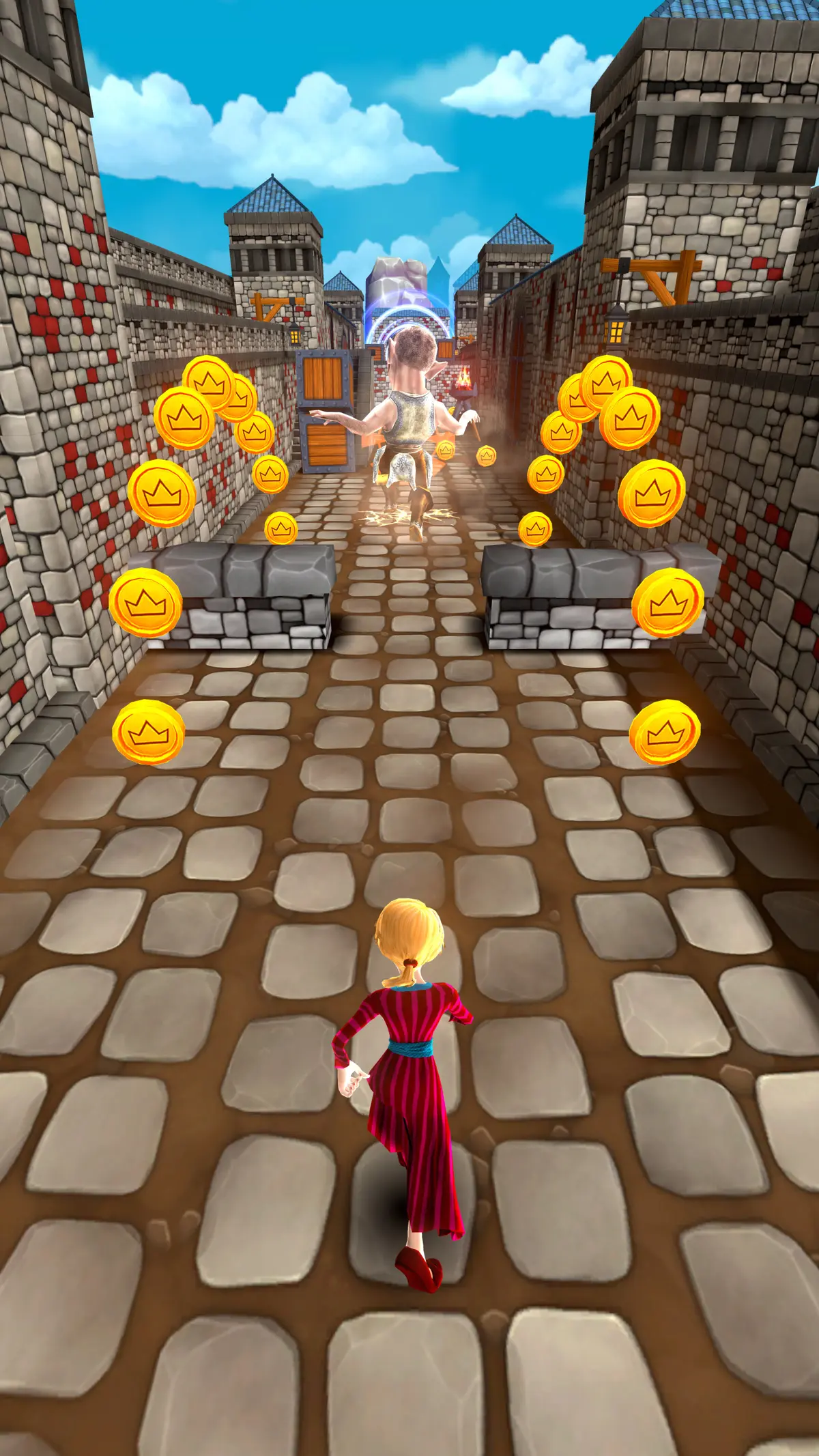 A chaser in a red dress runs a walled street toward a gnome robber by a portal, coins lining the way